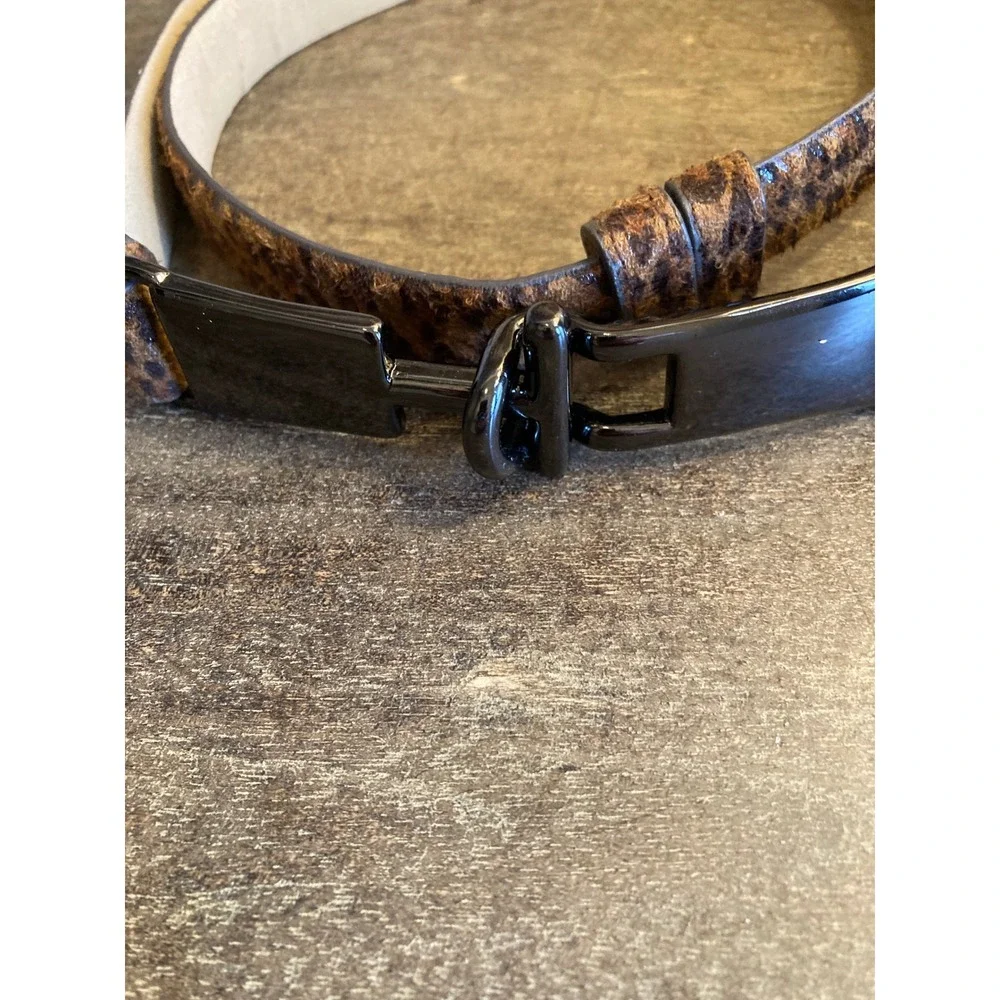 Leopard Print Skinny Belt Gunmetal T-Bar Buckle Faux Hair Animal Print Brown M